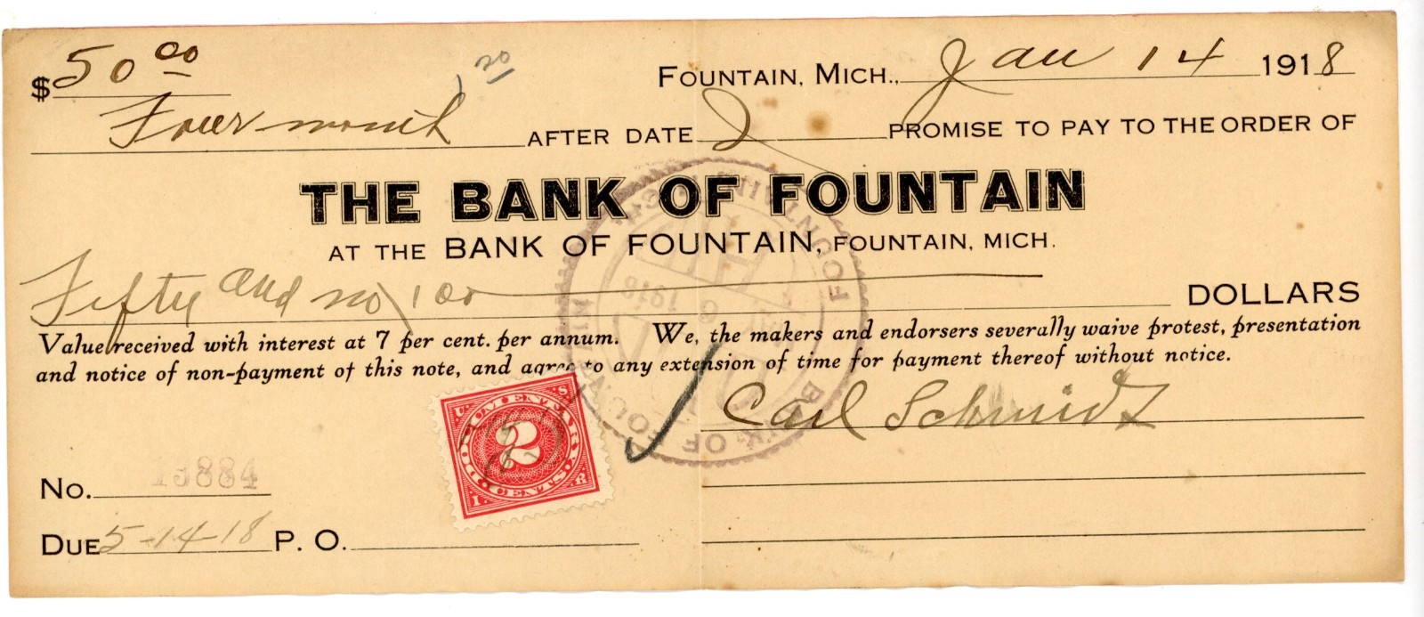 1918 Promissory Note The Bank of Fountain Michigan Document Stamp Carl Schmidt