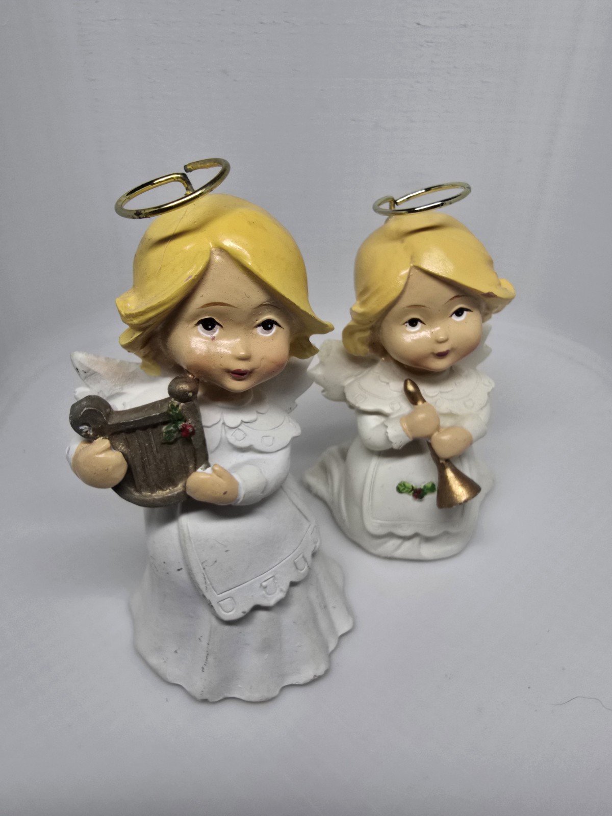 Christmas Angel Figurines Set of 2 Blonde Hair Harp Trumpet White Gold Halo Christmas Angel Figurines Set of 2 Blonde Hair Harp Trumpet White Gold Halo
