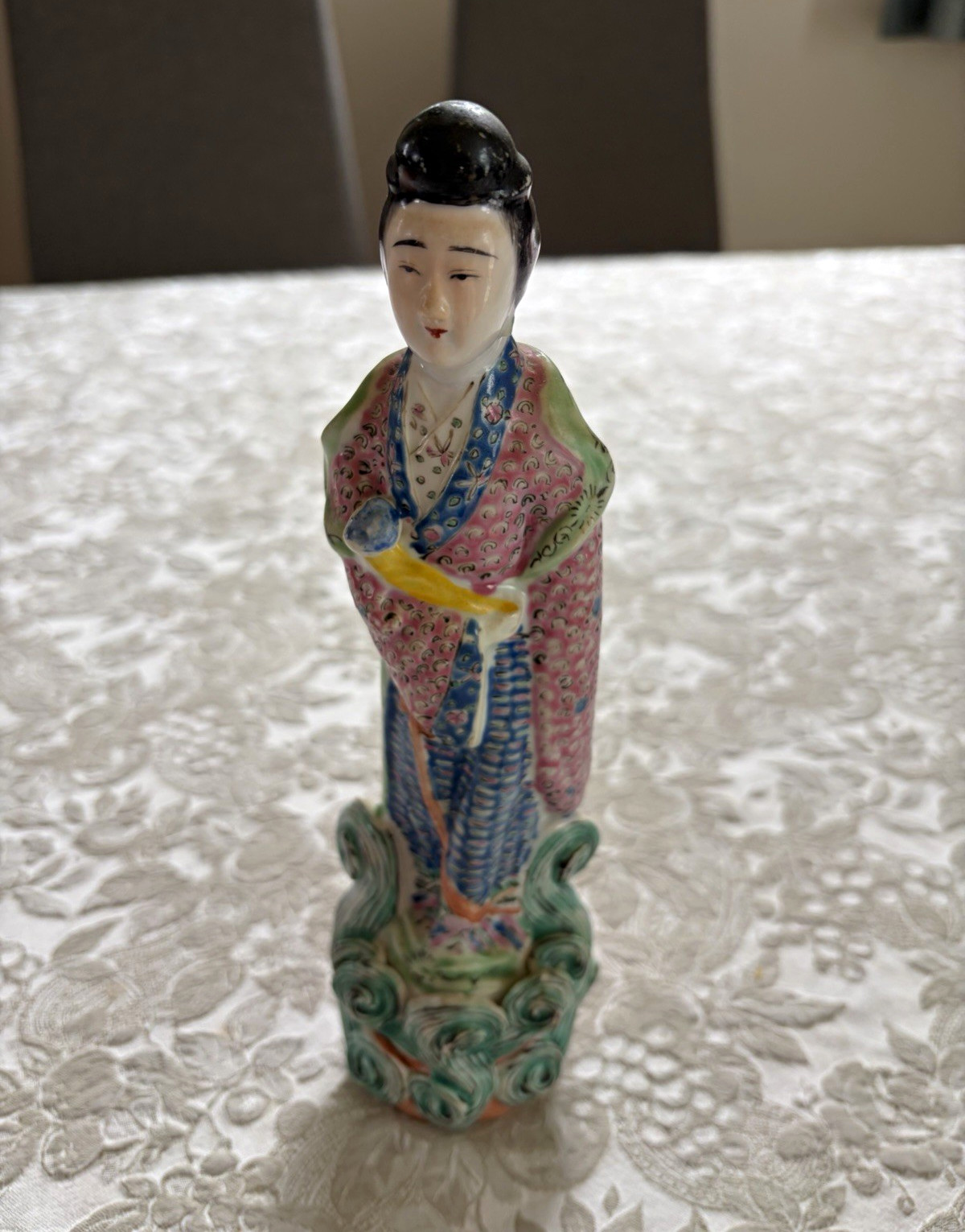 Antique Chinese Painted Porcelain Female Figure Statue Marked 10”H