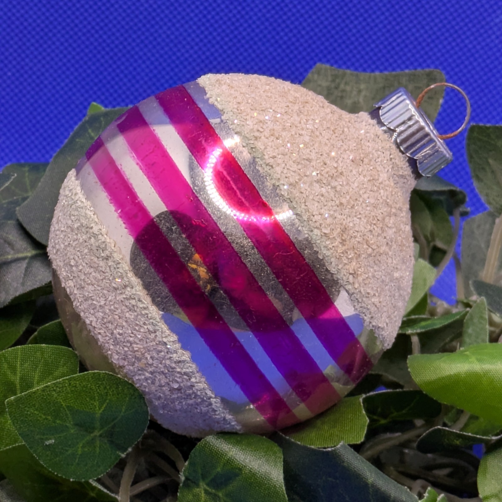 VTG Shiny Brite Hot Pink Stripe Mica MCM Blue Ball Christmas Ornament 3.25x2.5”