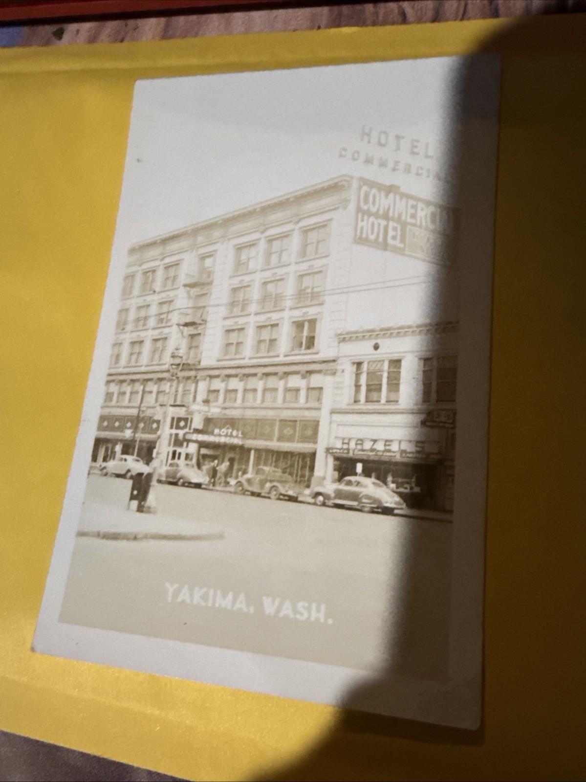 WA Yakima RPPC 1940's HOTEL COMMERCIAL & STREET SCENE Hazel's Ice Cream Parlour