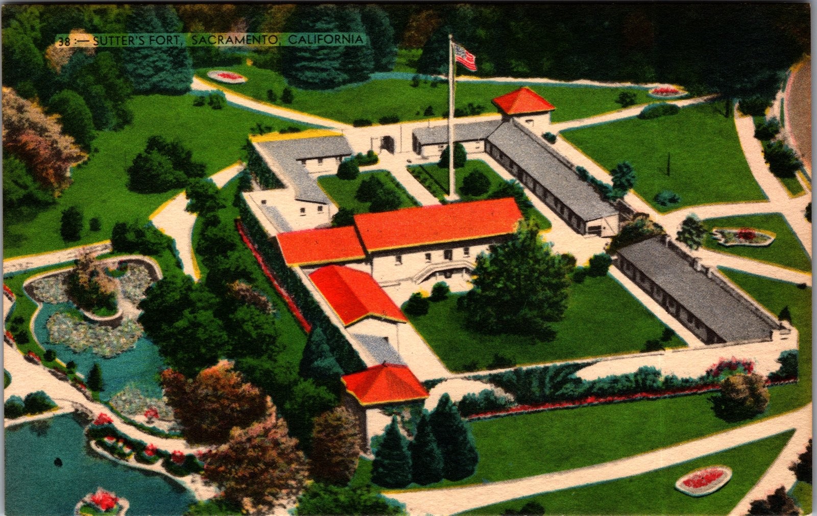 1940s Linen Postcard Sutter\'s Fort Sacramento California Aerial View