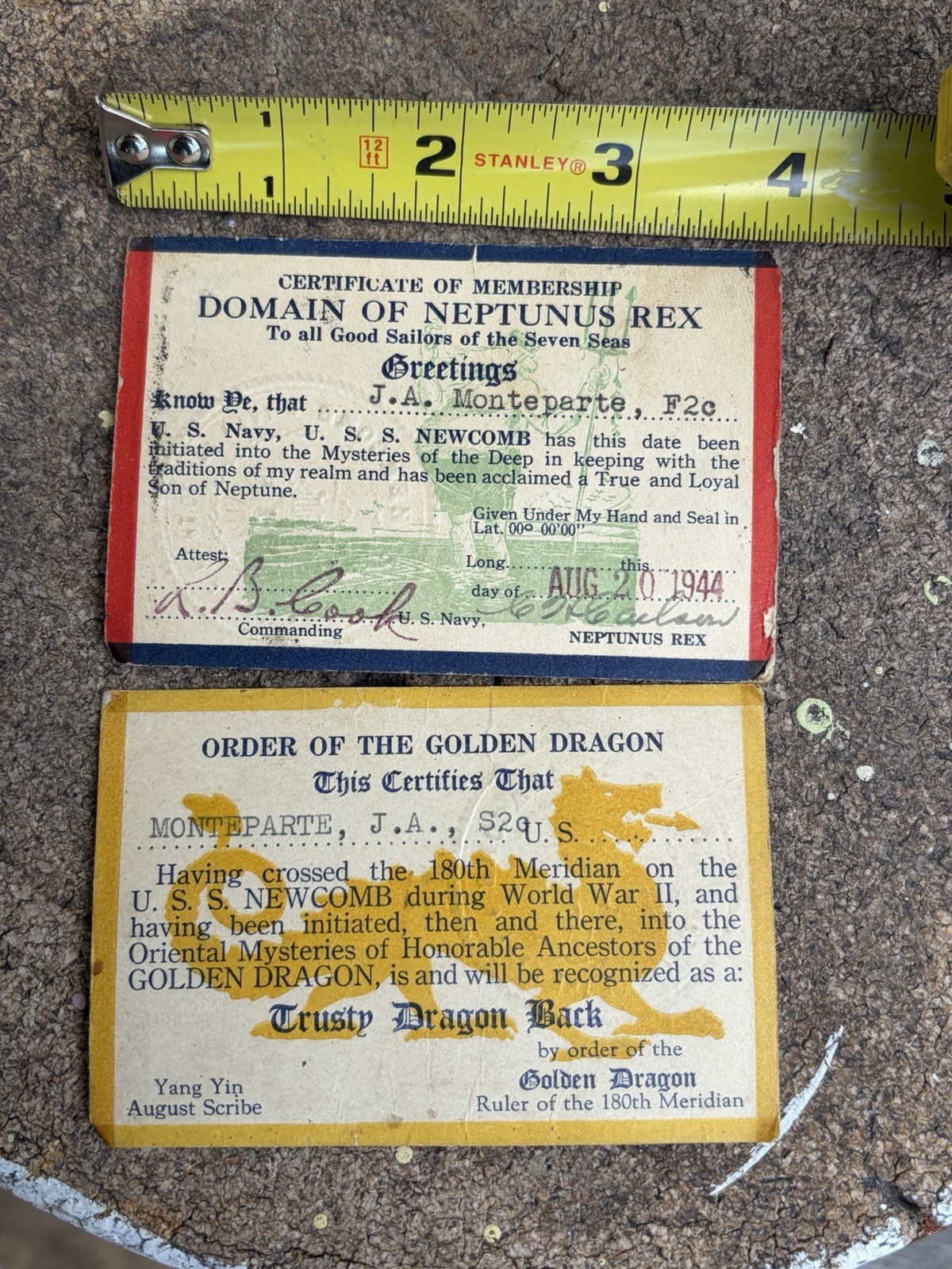 Vintage 1944 Domain of Neptunus Rex Navy Ship Membership Card + Golden Dragon
