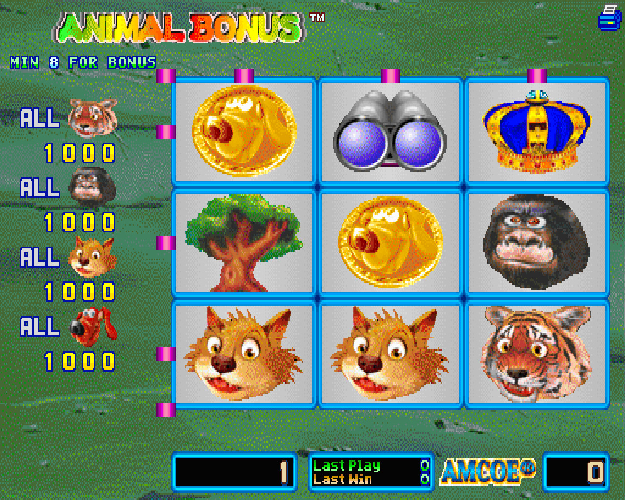 ANIMAL BONUS BY AMCOE - CHERRY MASTER 8LINER POG POKER POT O GOLD CGA GAME BOARD