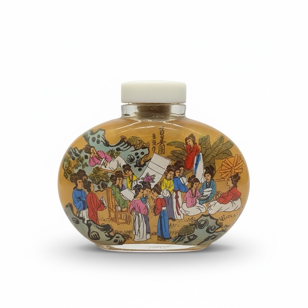 VTG Chinese Reverse Inside Painted Glass Snuff Bottle Hardstone Stopper Signed