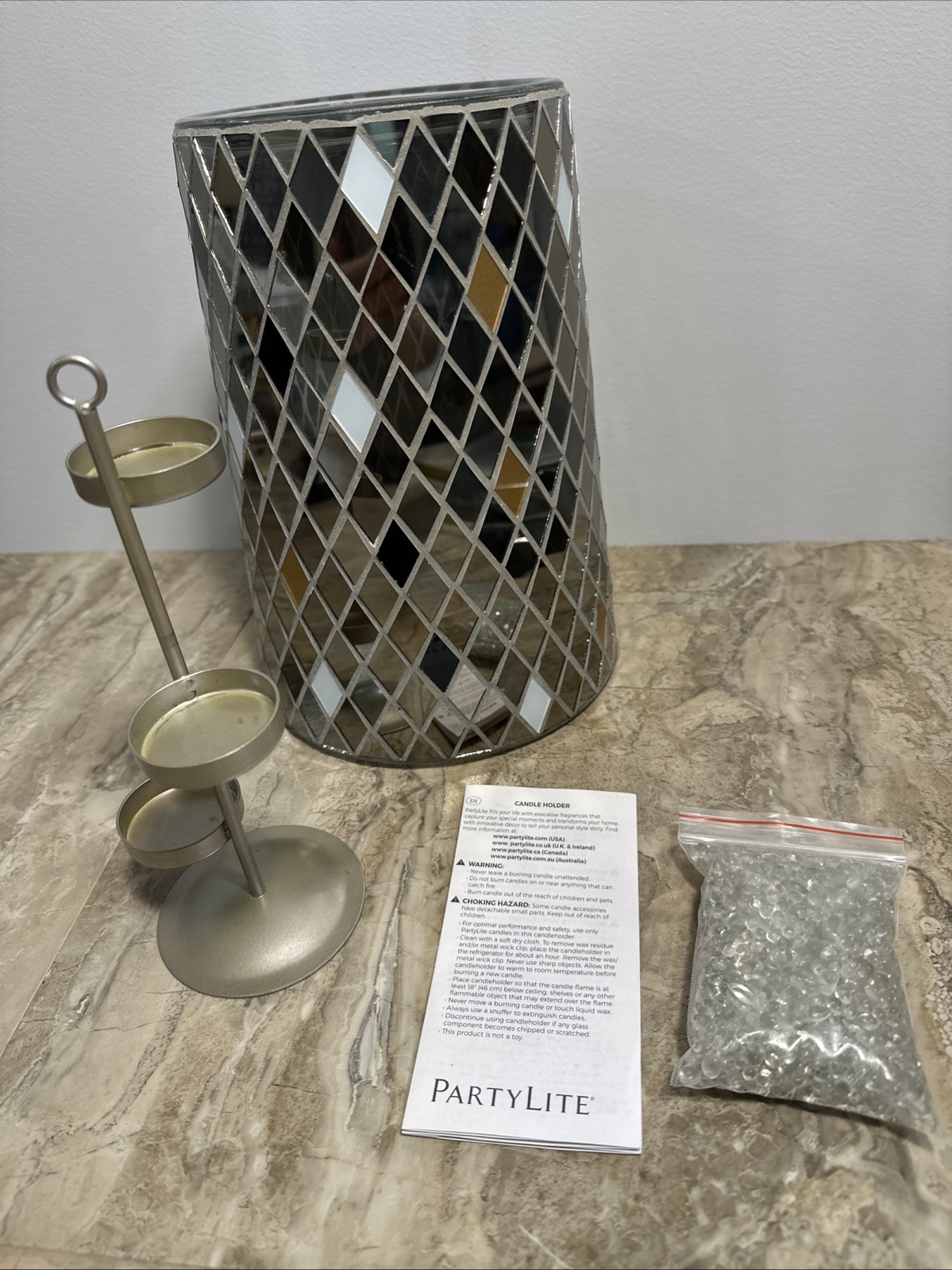 Partylite Mosaic Harlequin Lg 10” Hurricane P93312 Tealight Tree Insert Mirrored
