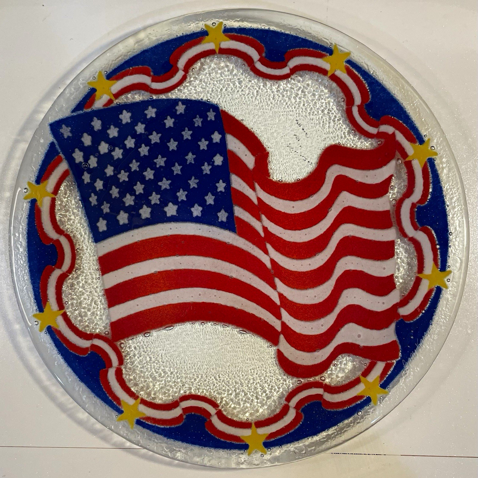 Vintage Peggy Karr 2001 Signed Patriotic American Flag Glass Plate 11\