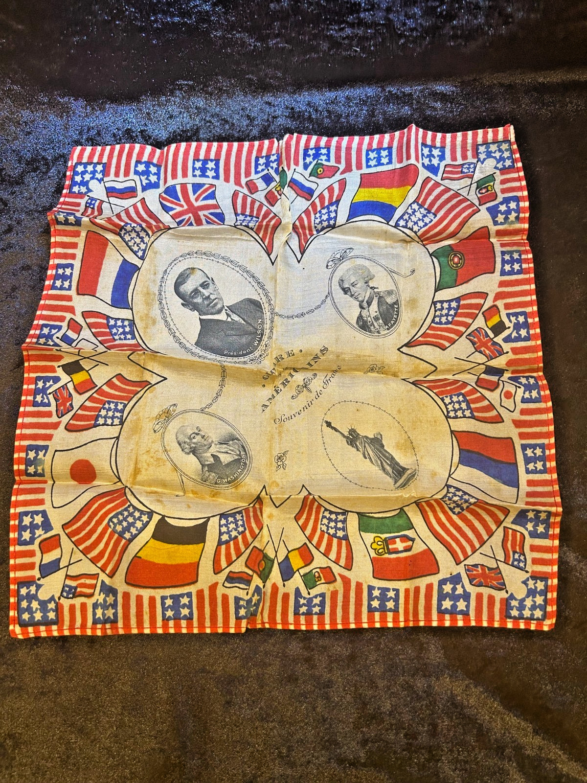 Antique WWI “Gloire Aux Américains – Souvenir de France” silk handkerchief, circ