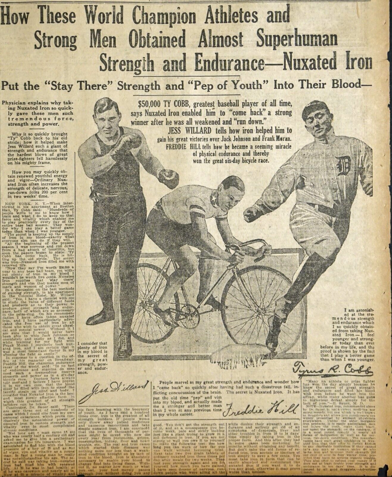 1916 Newspaper Page - Nuxated Iron Ad - Ty Cobb, Jess Willard & Freddie Hill