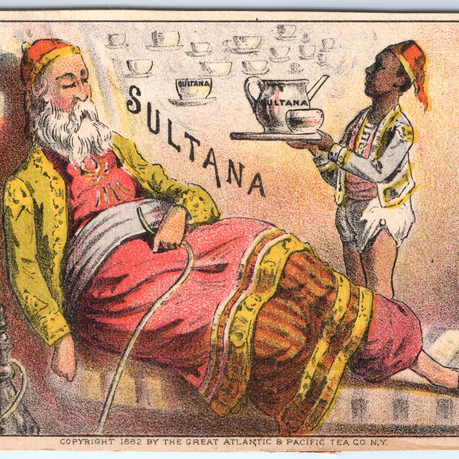 1882 Sultana Coffee Victorian Trade Card Arab Hookah A&P Tea Co New York NY