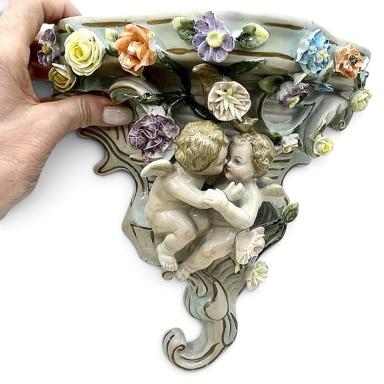 Antique 1884 SITZENDORF German Porcelain Cherub Wall Bracket Shelf Floral Putti