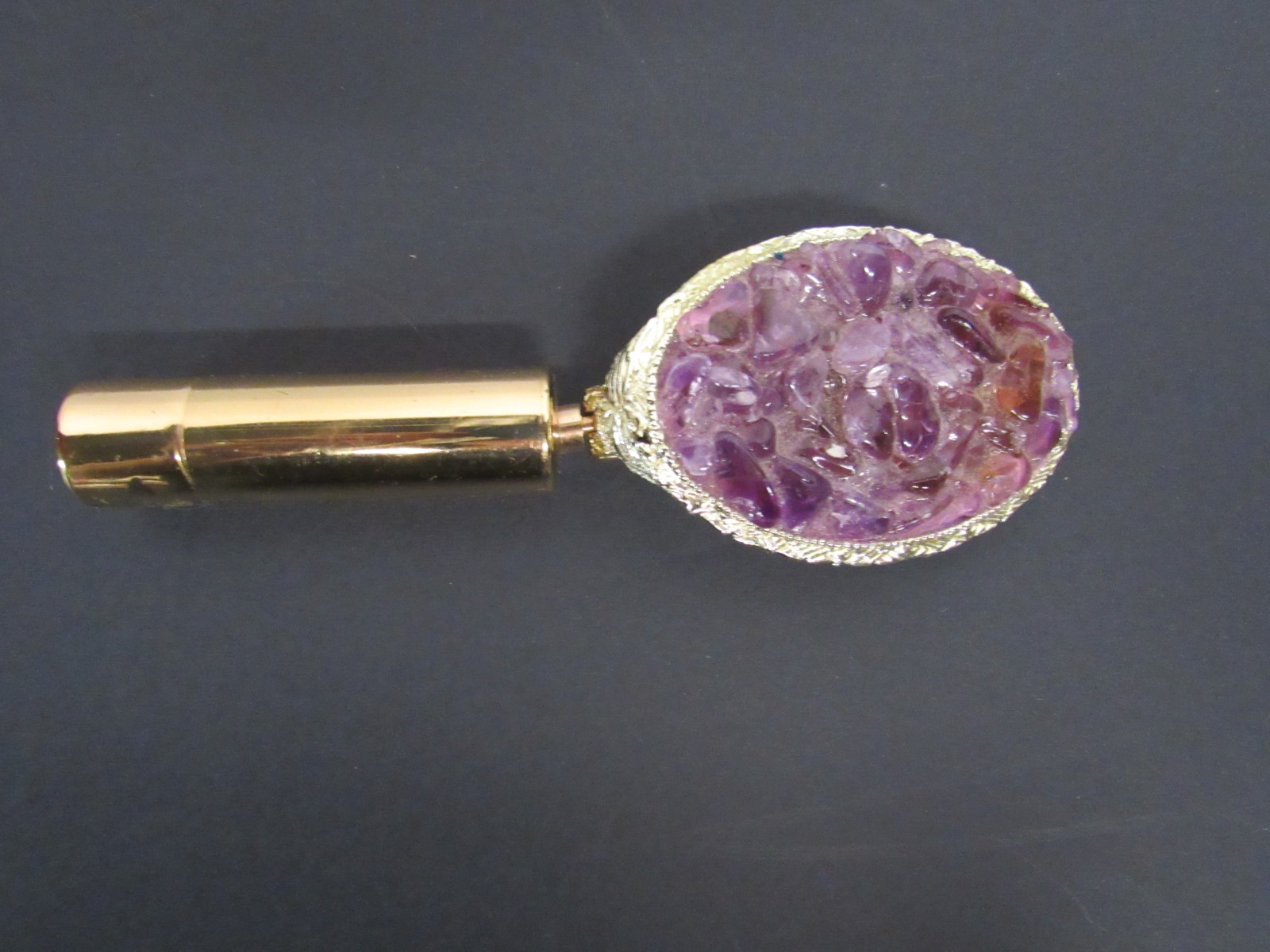 Vintage 1950s Folding Lipstick Mirror Purple Stone Gold Tone Vanity Compact
