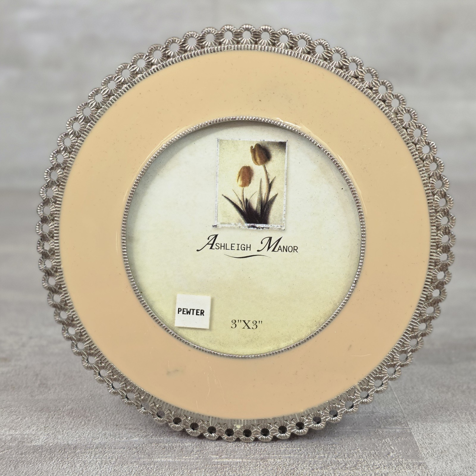 VTG Ashleigh Manor Round Pewter Trim Enamel Picture Frame Fit Photo 3\