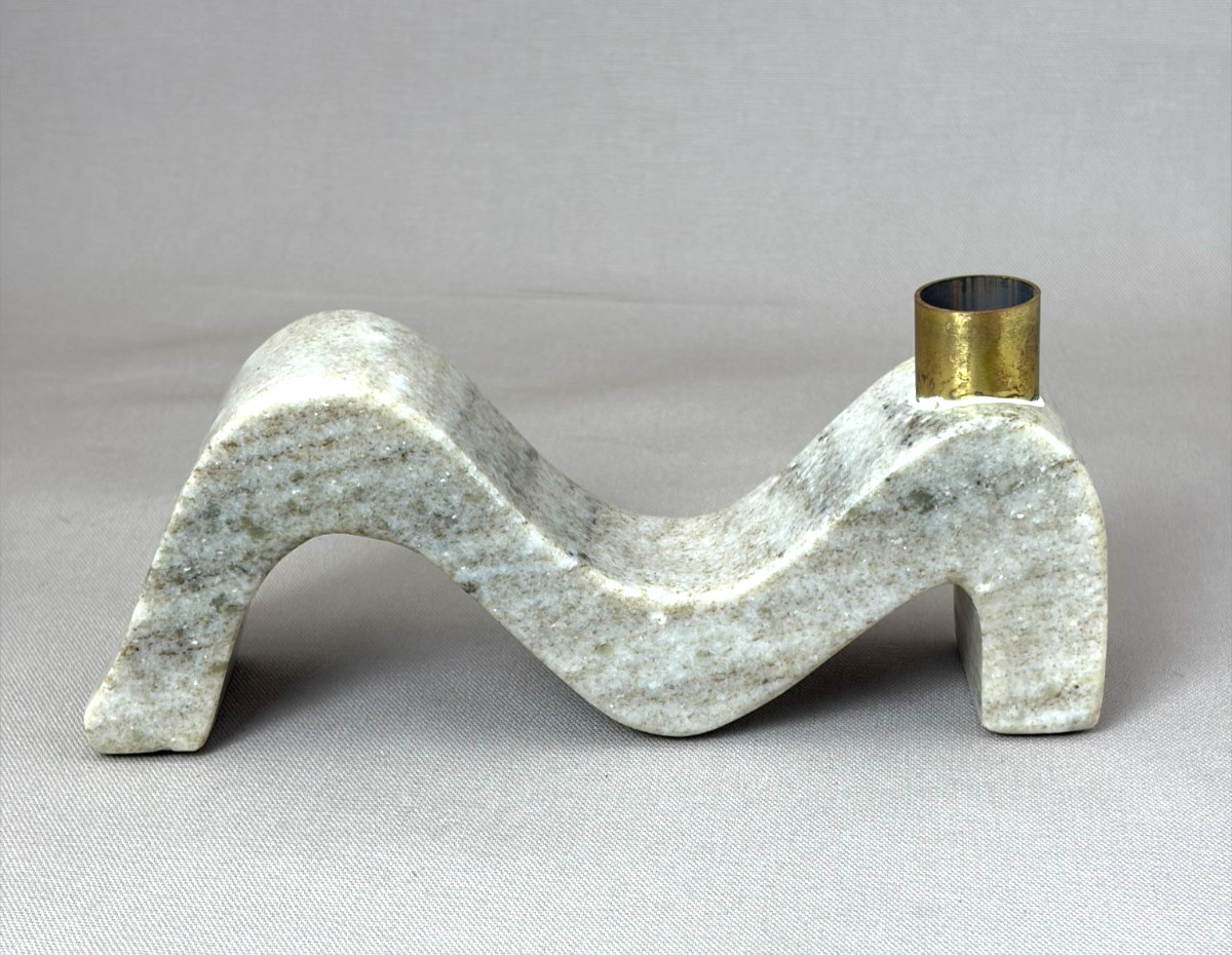 Postmodern Marble Taper Candle Holder Wave Squiggle Brass MCM Candlestick 8 In