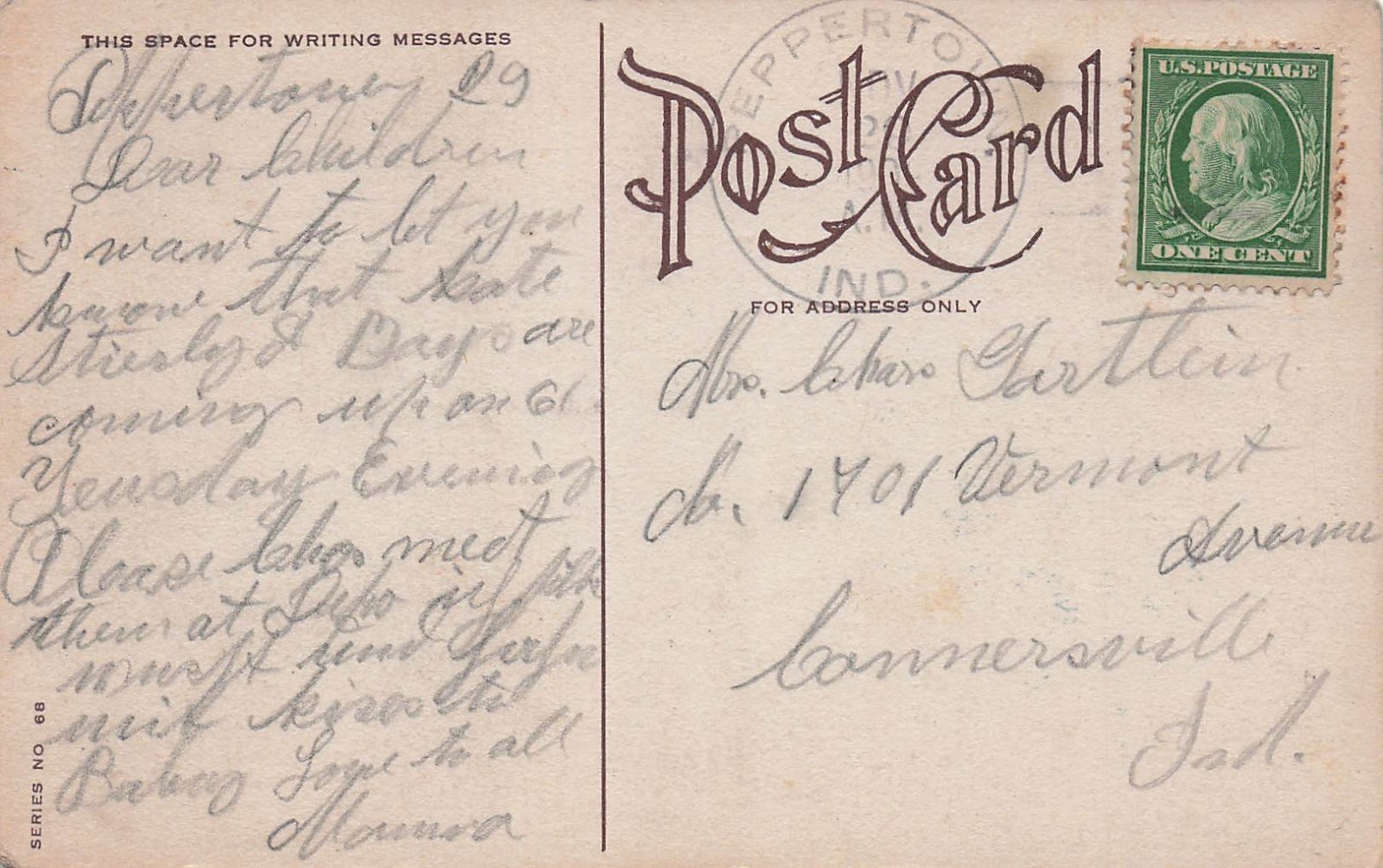 Peppertown Indiana Mother Daughter Card DPO Gartlein Family Cover Postcard 16A