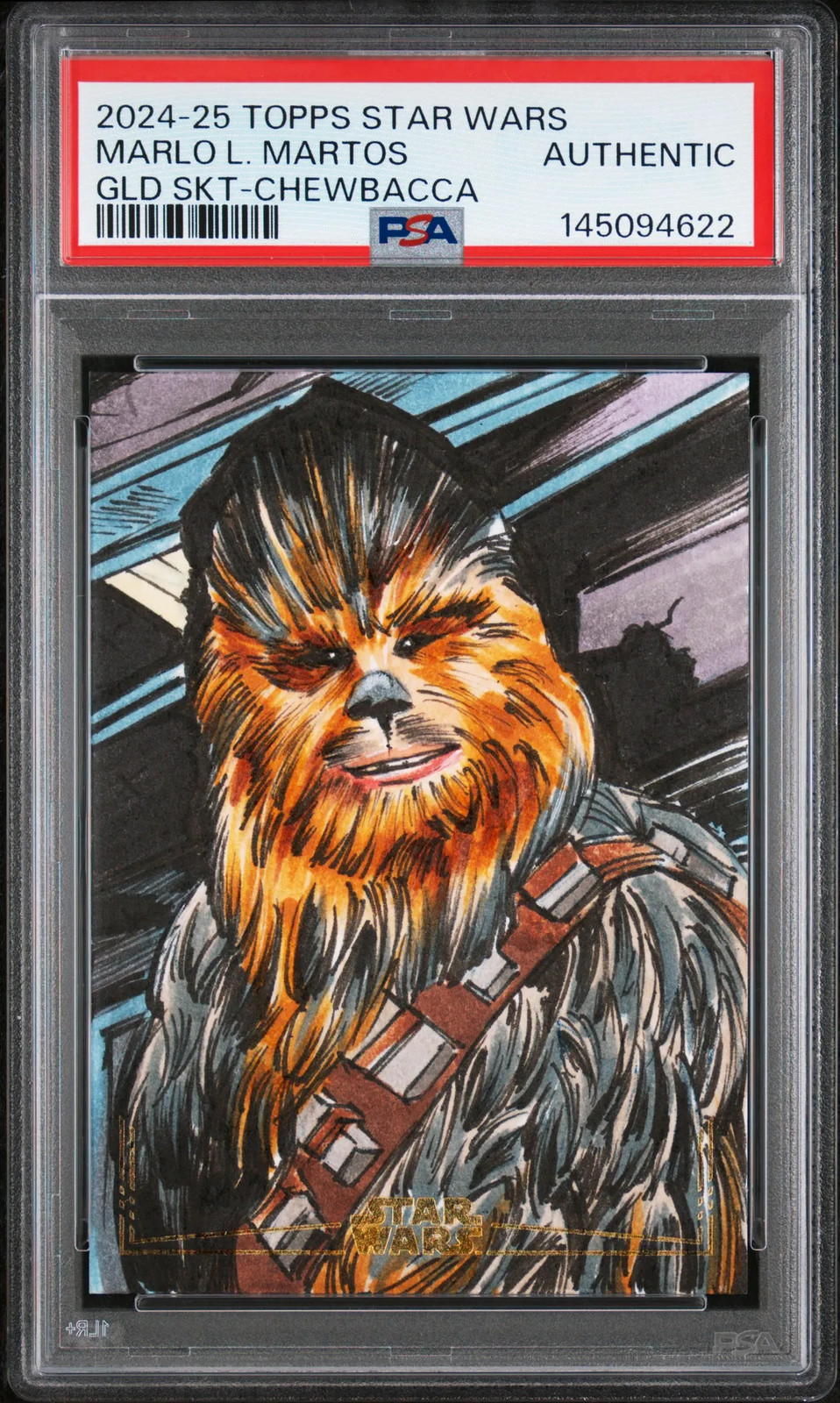 2024-2025 Topps Star Wars 1/1 Gold Foil Sketch Card Chewbacca by Marlo L. Martos