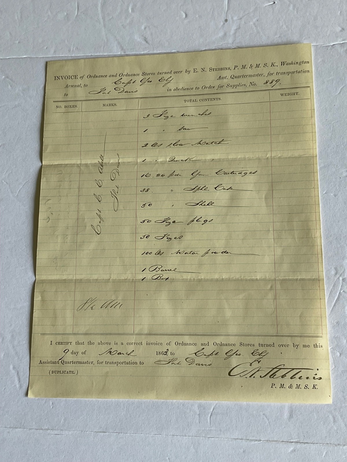 CIVIL WAR FORT DAVIS 1863 ORDNANCE SUPPLIES SPHERICAL SHELLS FUZES POWER LIST