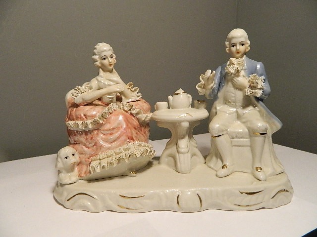 Vintage Porcelain Victorian Man & Woman Drinking Tea Figurine Dresden style