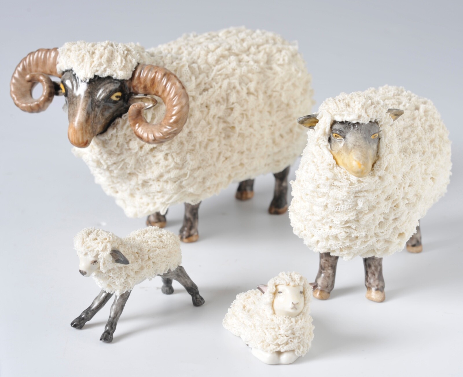 Irish Dresdan Daddy Sheep Mom Sheep 2 Lambs Set of 4 Figurines Lace Porcelain