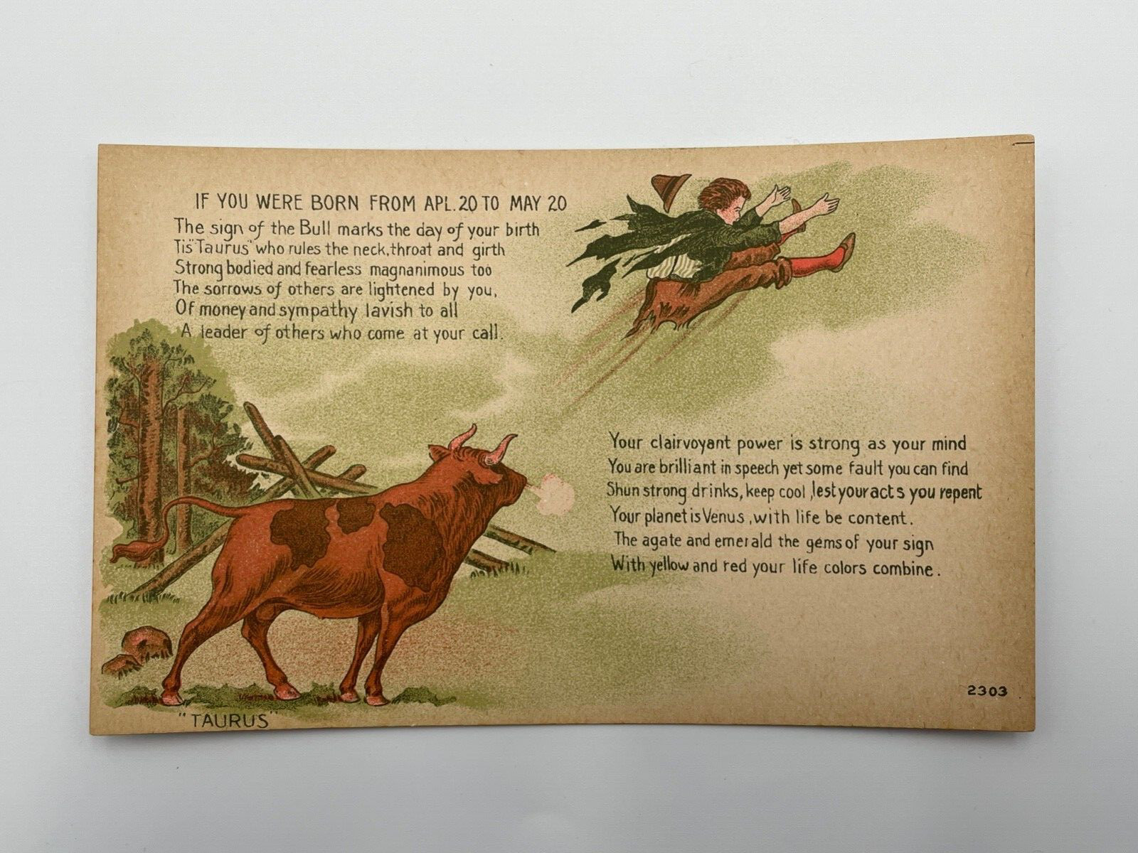 Vintage “Taurus” Zodiac Postcard Astrology Traits NOS Divided Back 1907-‘15
