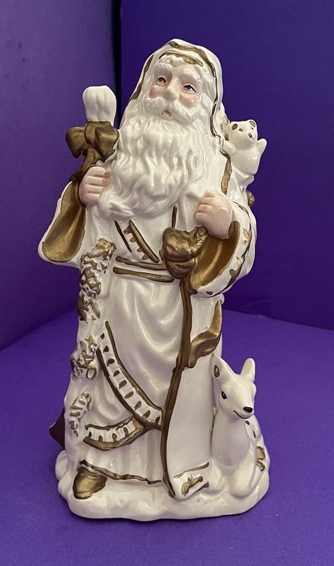 Santa Claus Ceramic Christmas Figurine Gold And White Father Christmas 10” SALE