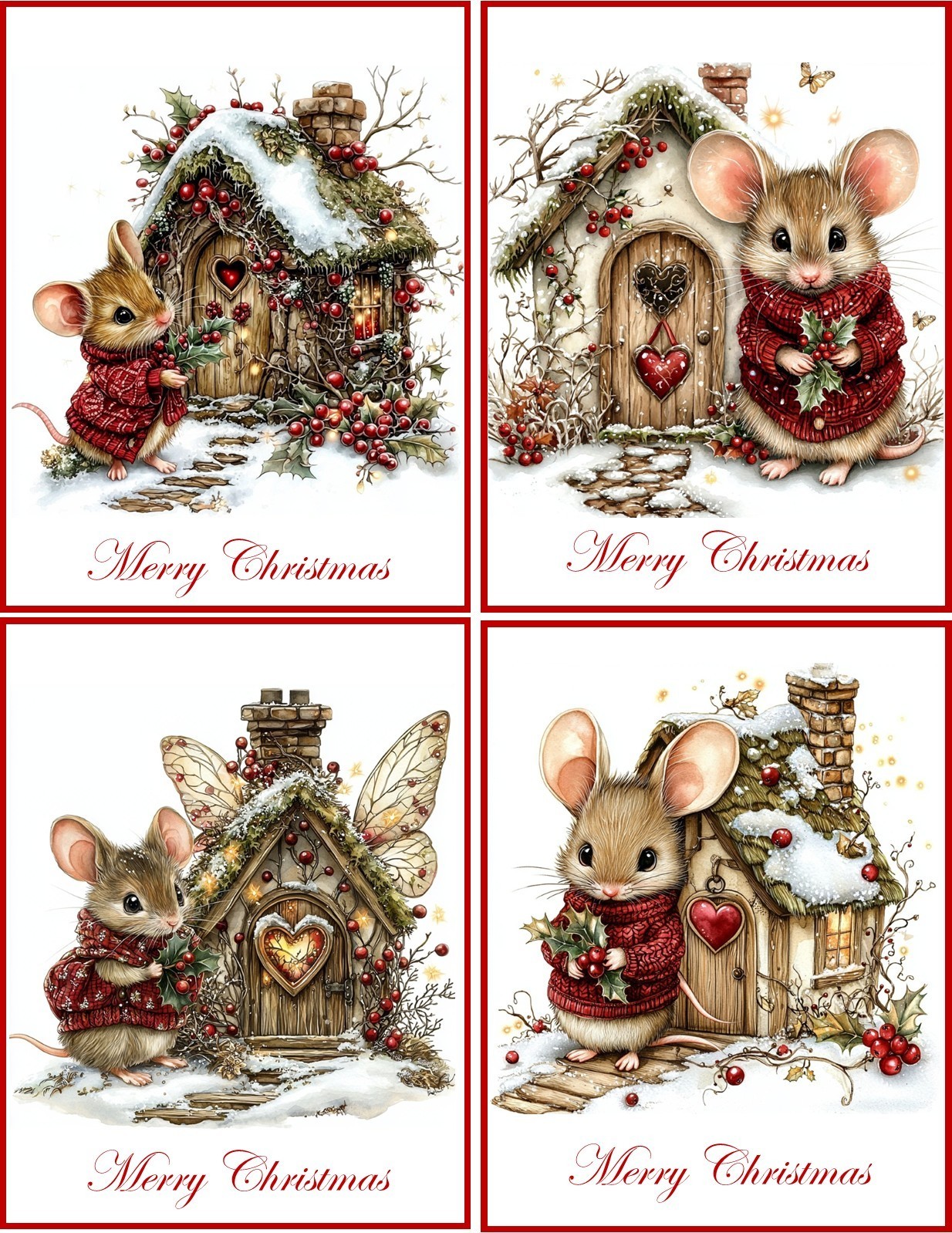 8 assorted Christmas Mice Vintage glossy folded blank card red envelopes