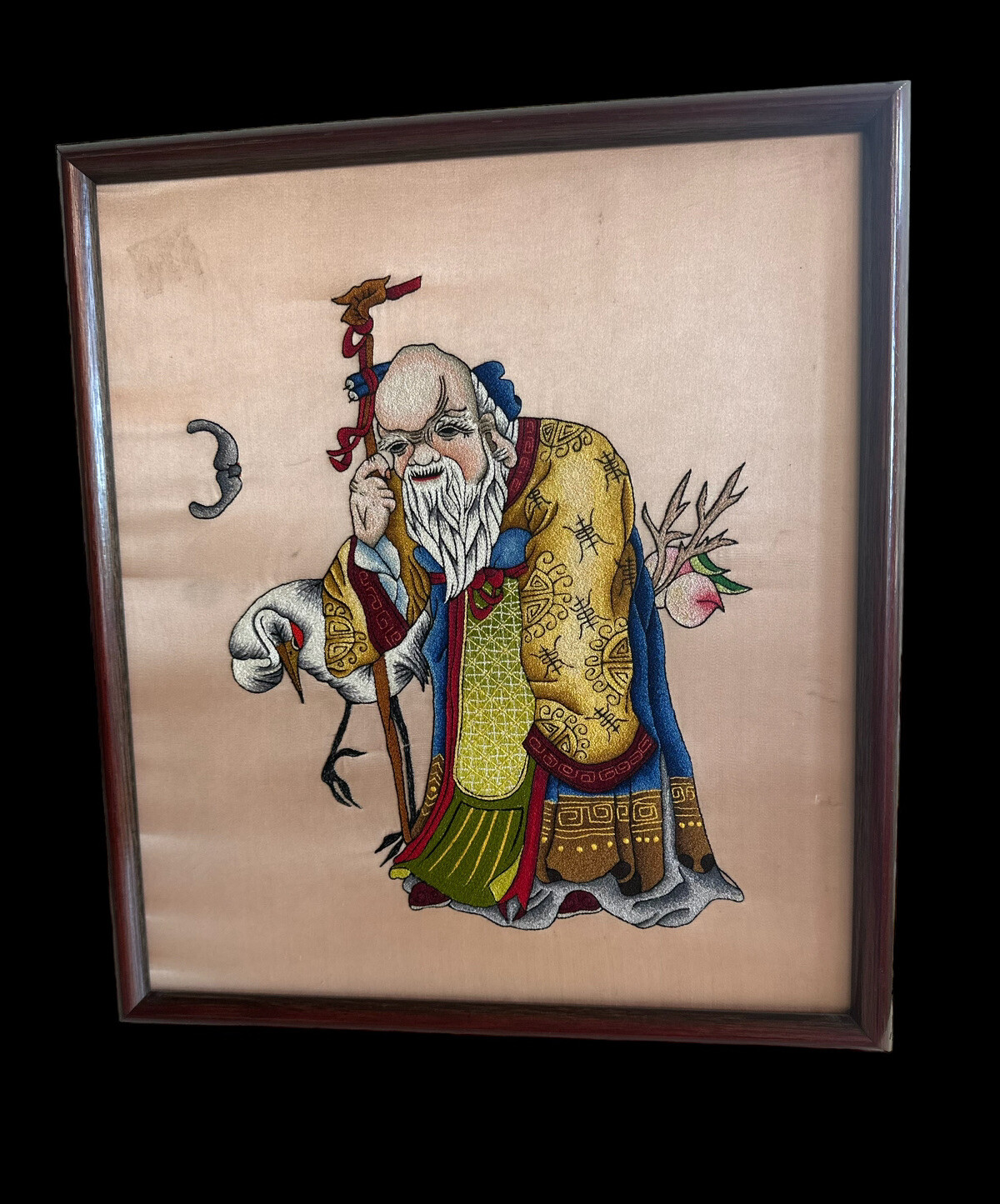 Chinese Silk Hand Embroidered Immortal Longevity God Crane Textile Panel 17/15” Chinese Silk Hand Embroidered Immortal Longevity God Crane Textile Panel 17/15”