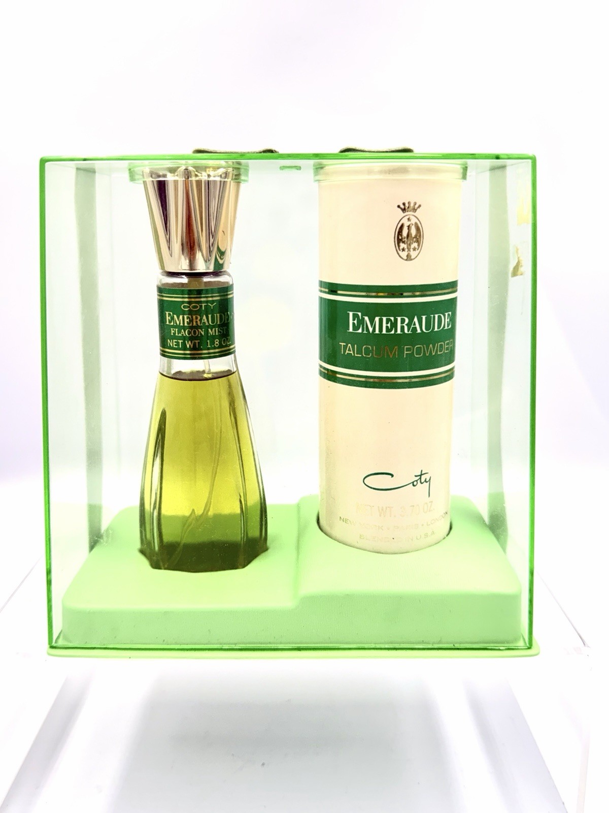 Vintage Coty Emeraude Falcon Mist Cologne Spray & Talcum Powder Gift Set Display