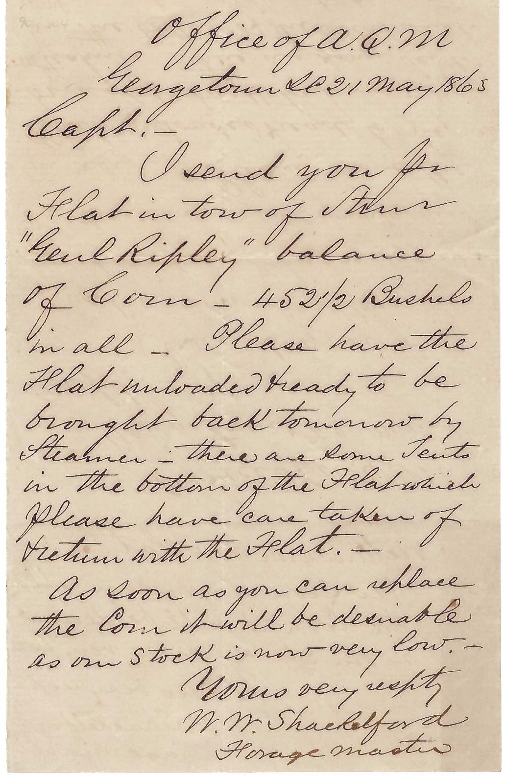 Confederate Forage Master Sends Supplies From Georgetown, SC, To Troops