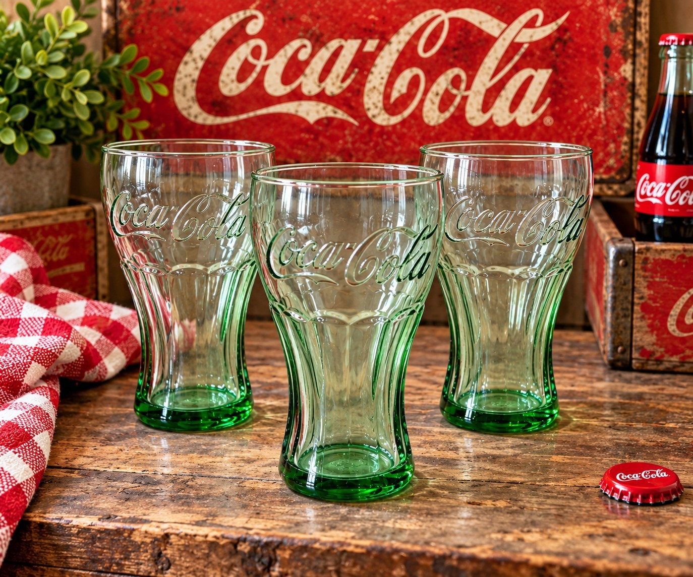 3 Vintage Libbey Coca-Cola Georgia Green Contour Glasses 16oz Embossed Coke Set