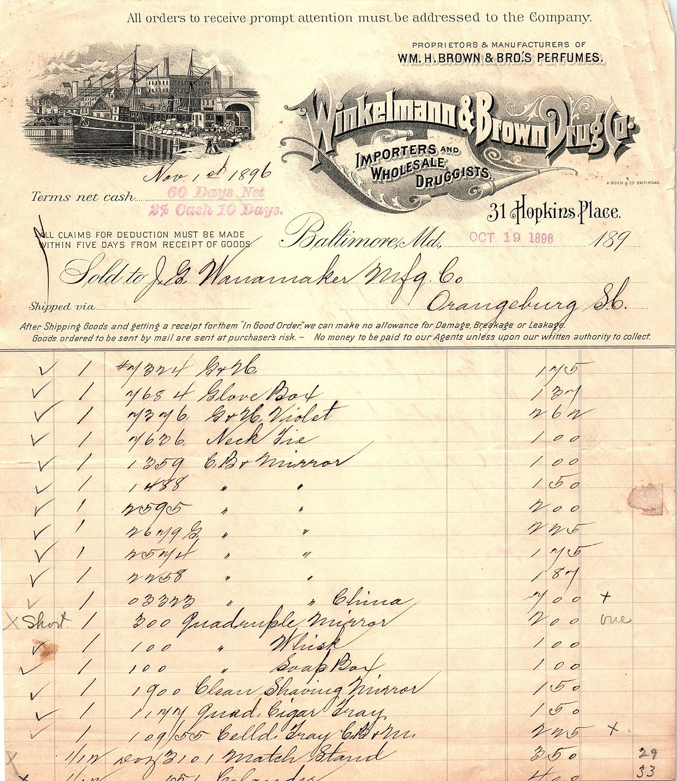 1896 Winkelmann & Brown Drug Co. Billhead to Wanamaker
