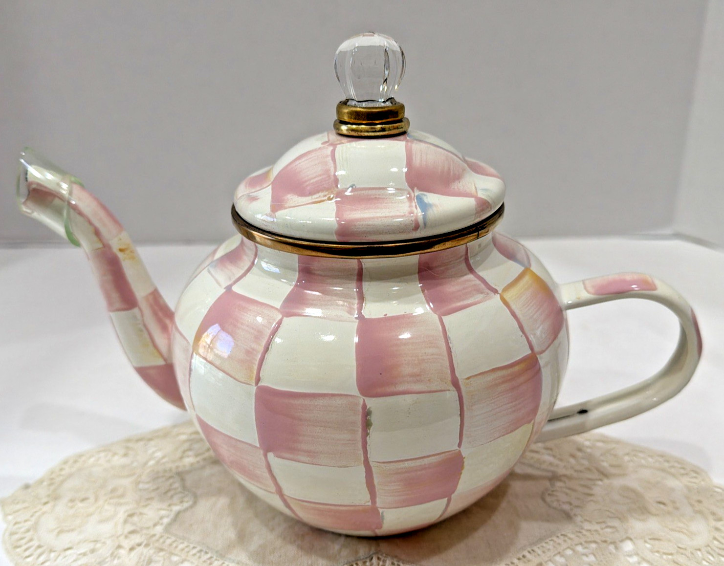 NEW Mackenzie Childs Pink Rosy Check 4 Cup Teapot with lid *READ*