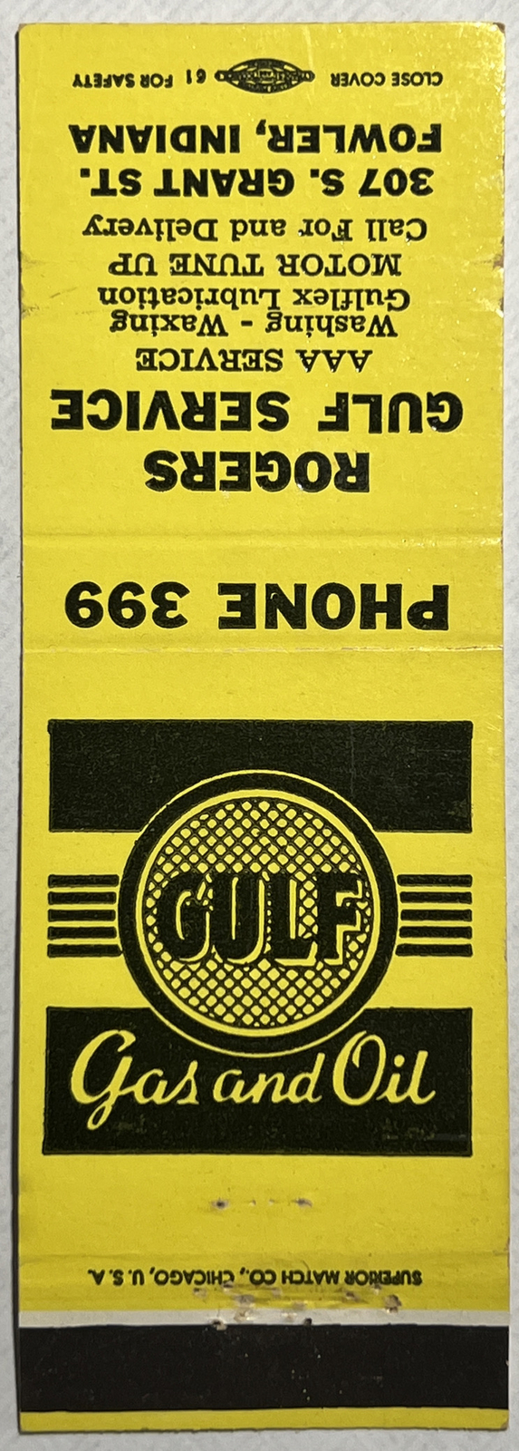 Vintage Gulf Gas & Oil Matchbook Cover Rogers Gulf Service - Fowler, Indiana