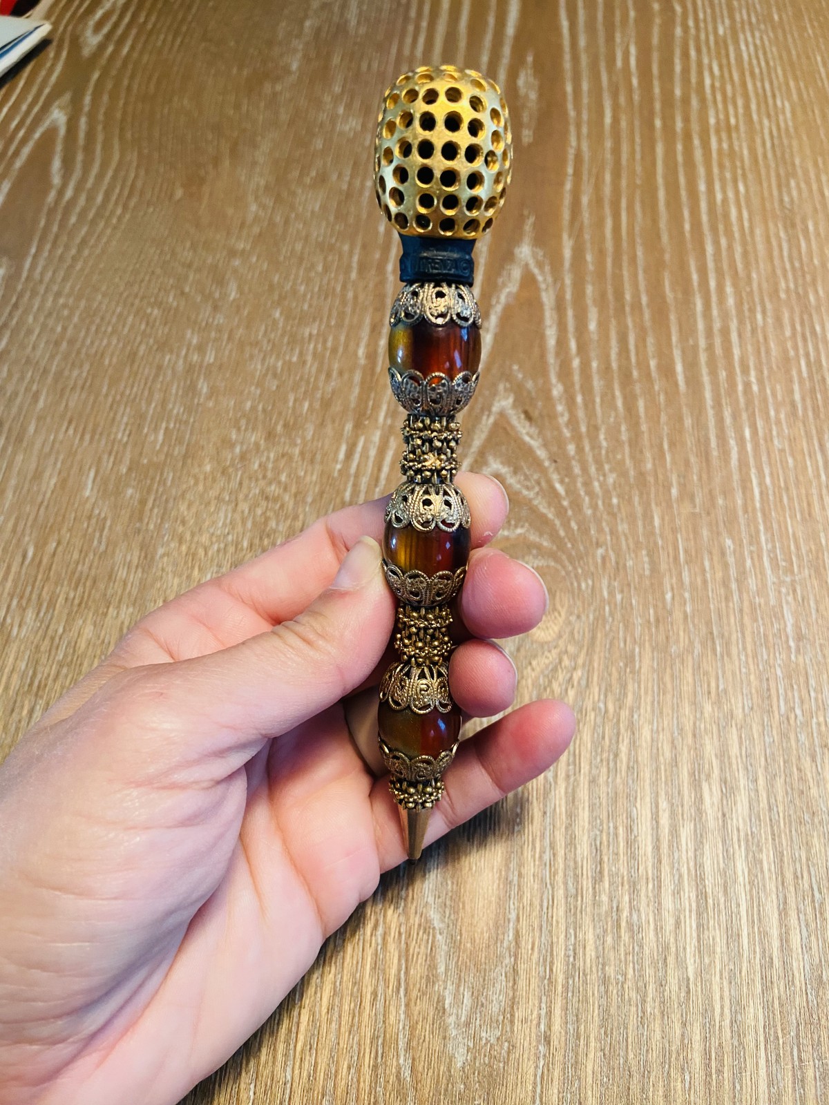Unique Artisan Collectible Ballpoint Pen - Carved Head, Amber Glass, Filigree