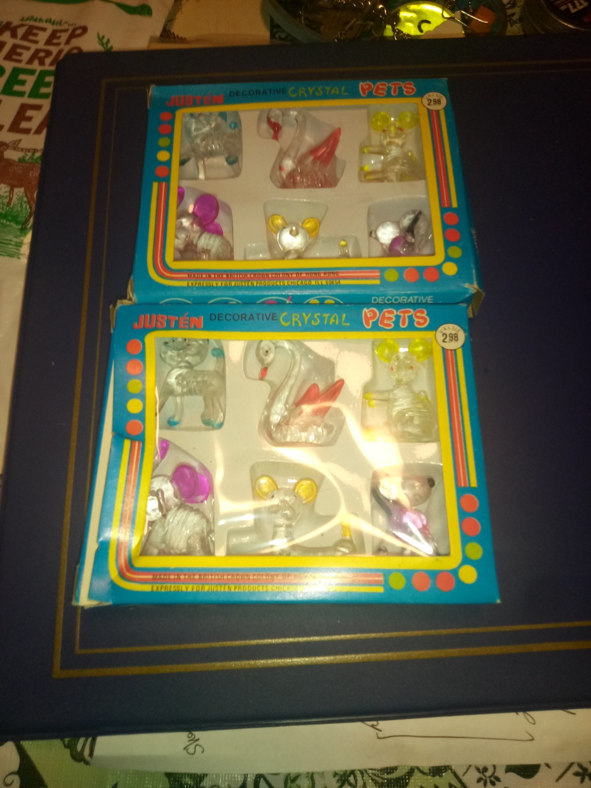 Vintage Crystal Pets Lot Hong Kong Glass Figurines 2 Sets Swan Dog Elephant (A2)
