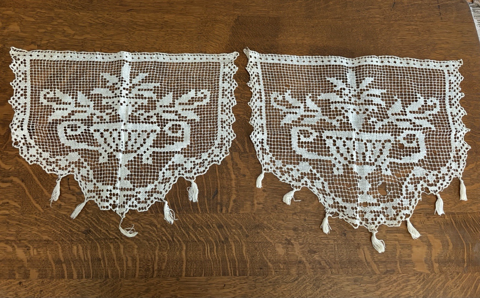 Antique Hand Made Pair Lace Filet Crochet Urn Pattern With  Fringes 12 X 17