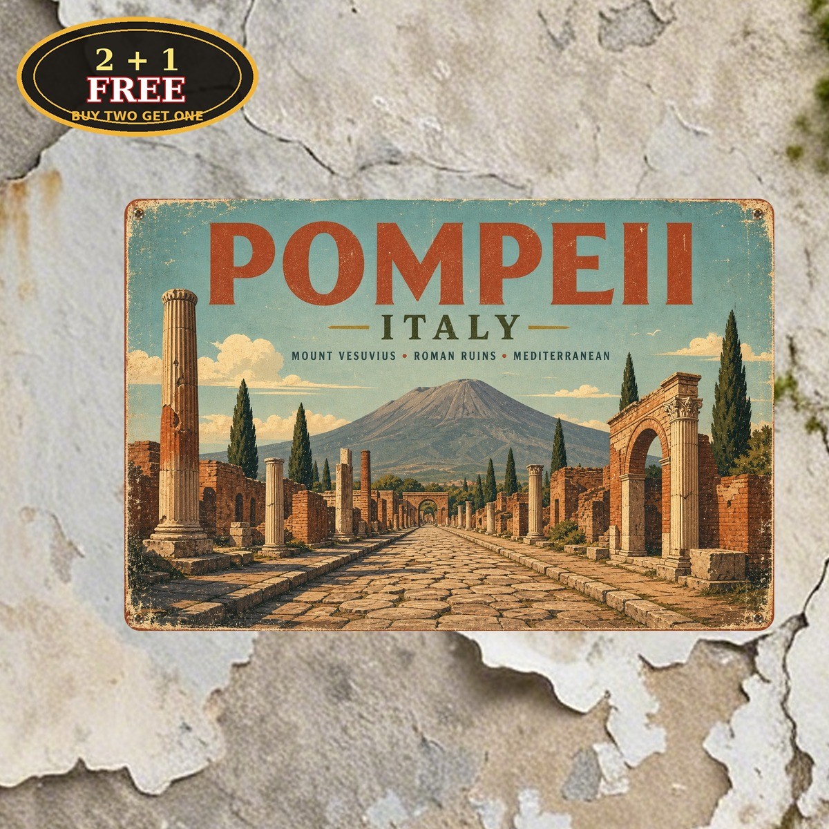 Pompeii Italy Travel Poster Mount Vesuvius Roman Ruins Retro Metal Tin Sign Art