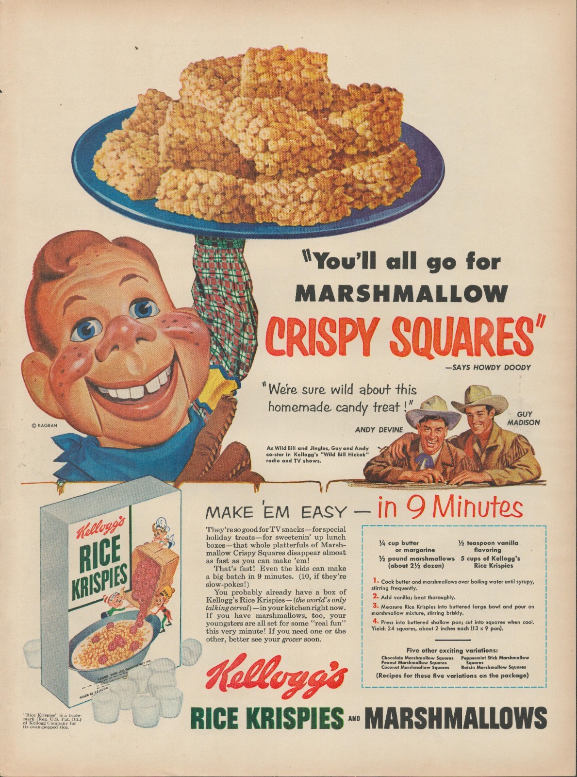 1953 Kellogg\'s Rice Krispies Marshmallows Crispy Squares Howdy Doody Print Ad