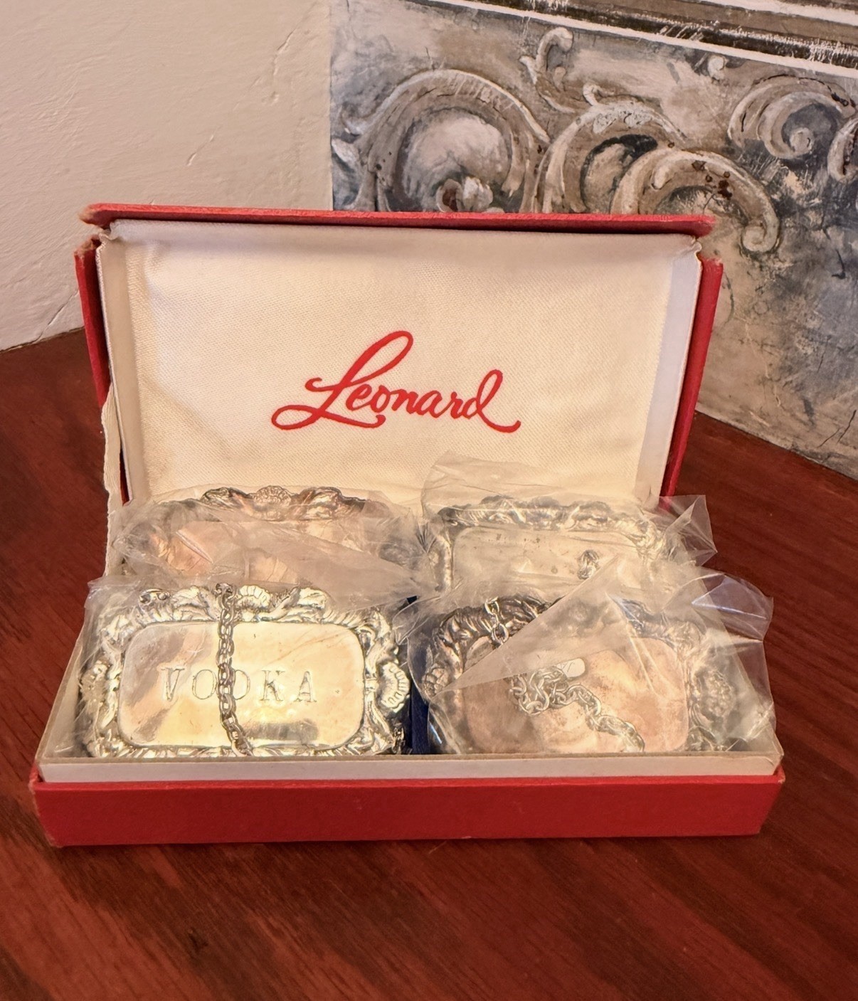 LEONARD SILVERPLATE LIQUOR BOTTELS LABELS Gin Scotch Bourbon Vodka