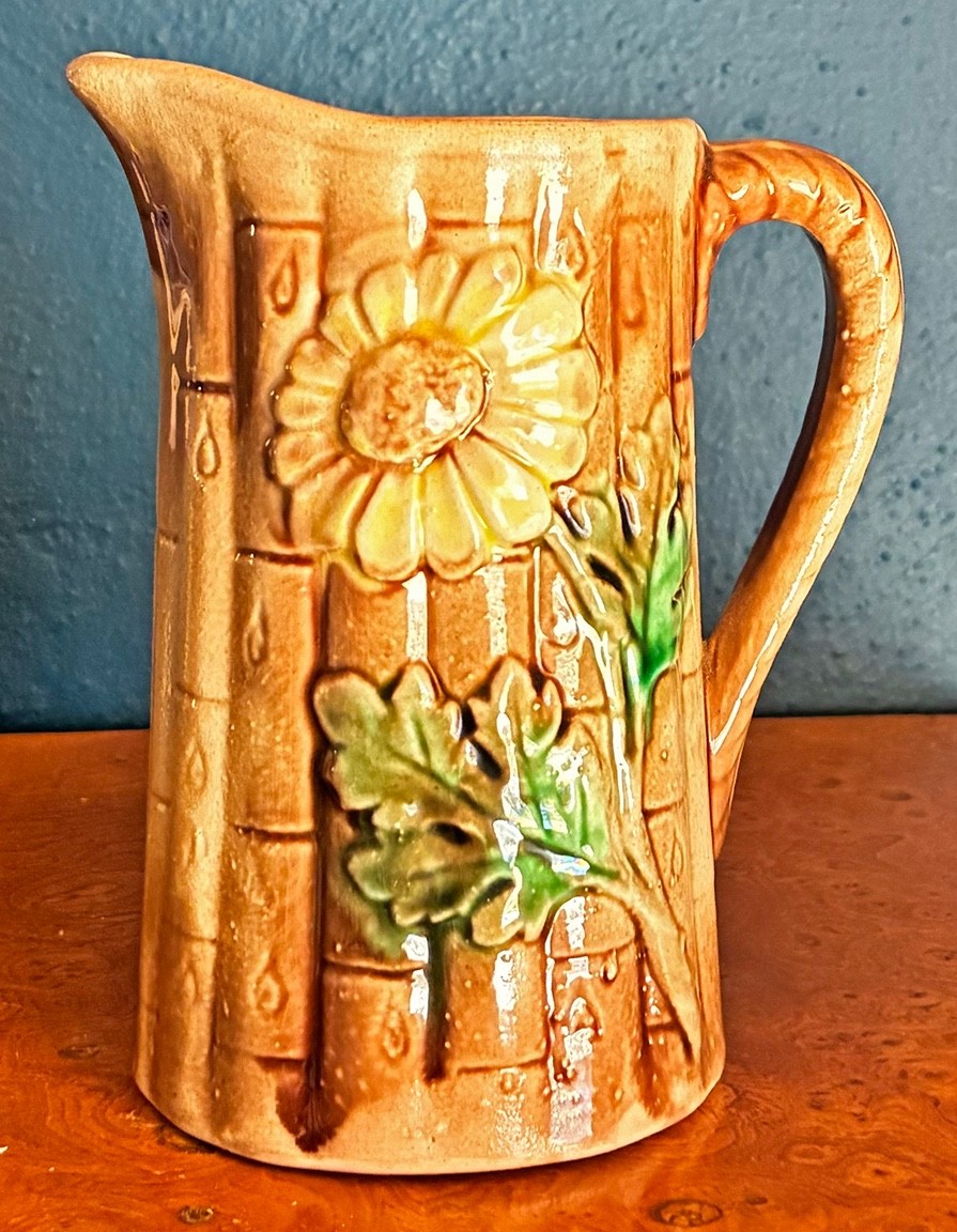 Very Old Majolica Daisy Cream Pitcher with Bamboo Texture