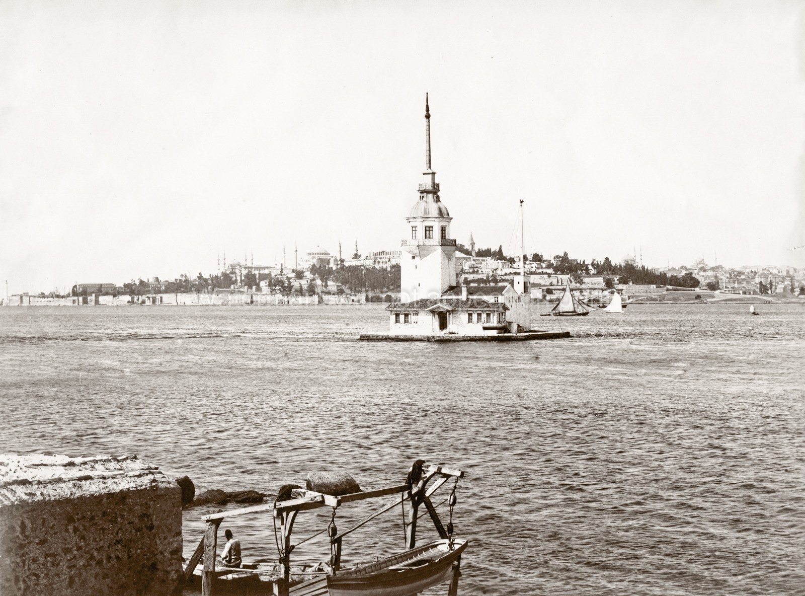 Istanbul Turkey Leander Tower Bosphorus Seascape Skyline Vtg. Photo 19thC.