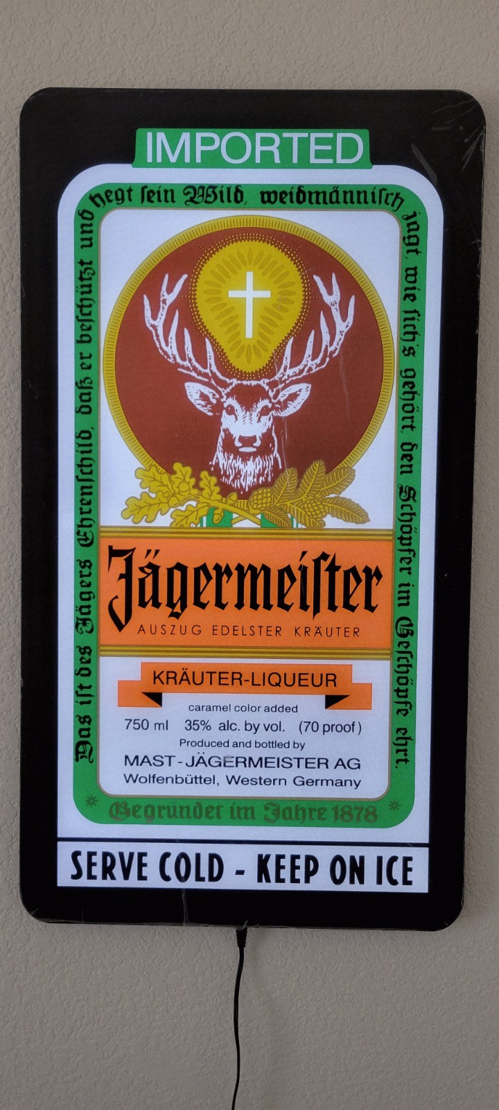 NEW JAGERMEISTER LIQUEUR LIGHT UP LED SIGN HAS ORIGINAL PROTECTIVE FILM