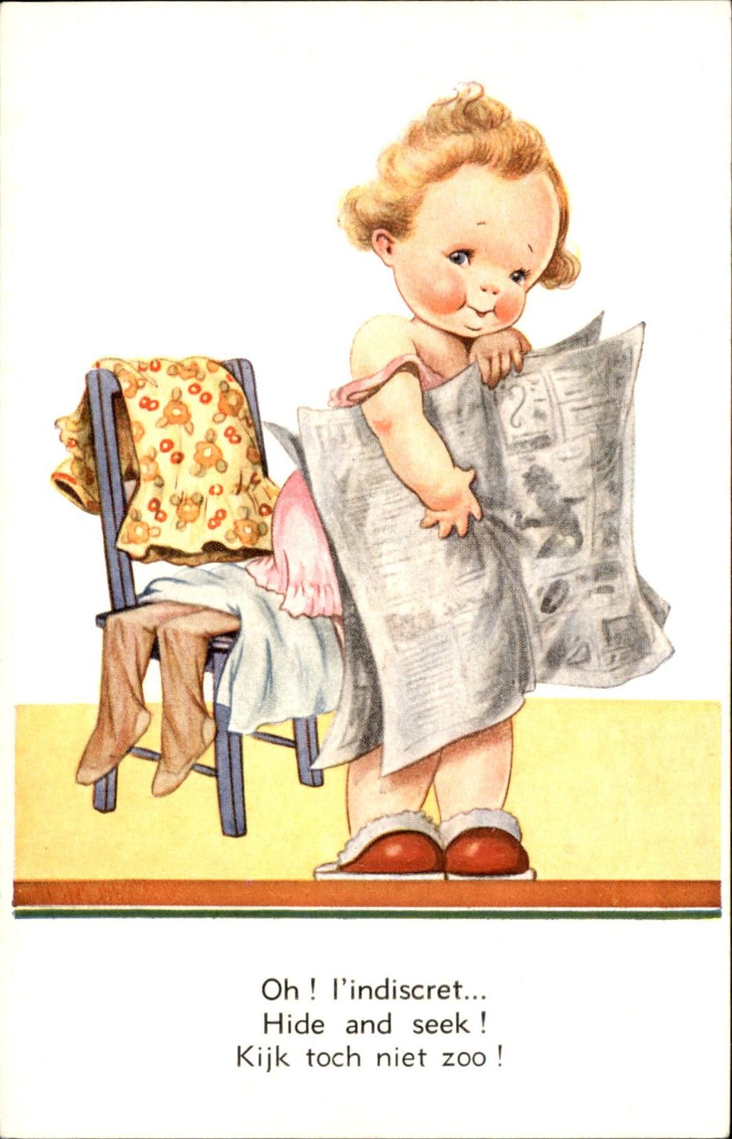 Little Girl with Newspaper Hide and Seek c1930s-40s Vintage Postcard
