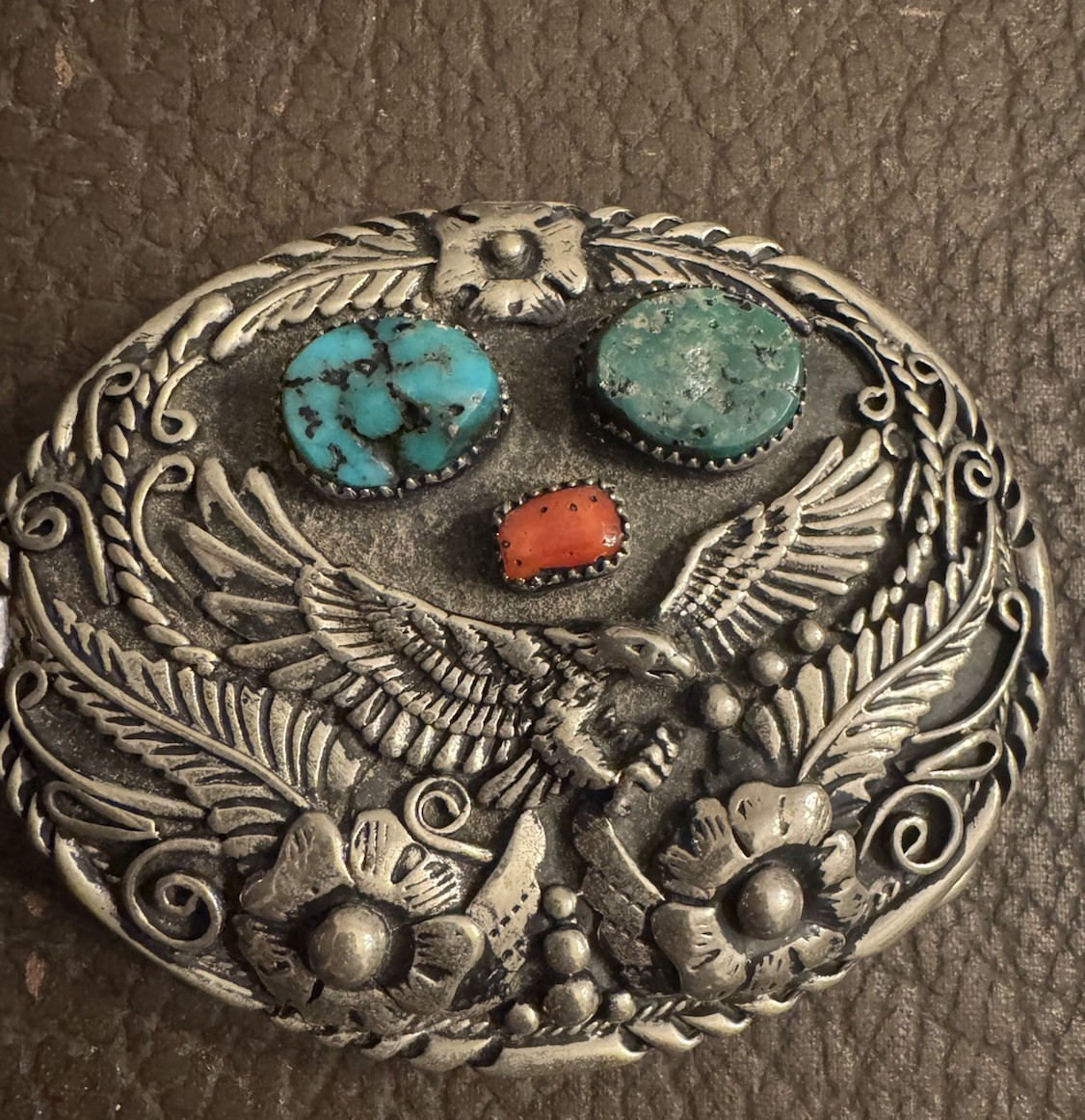 RareSST 88 Western Americana Belt Buckle Turquoise Coral Silver Tone Eagle
