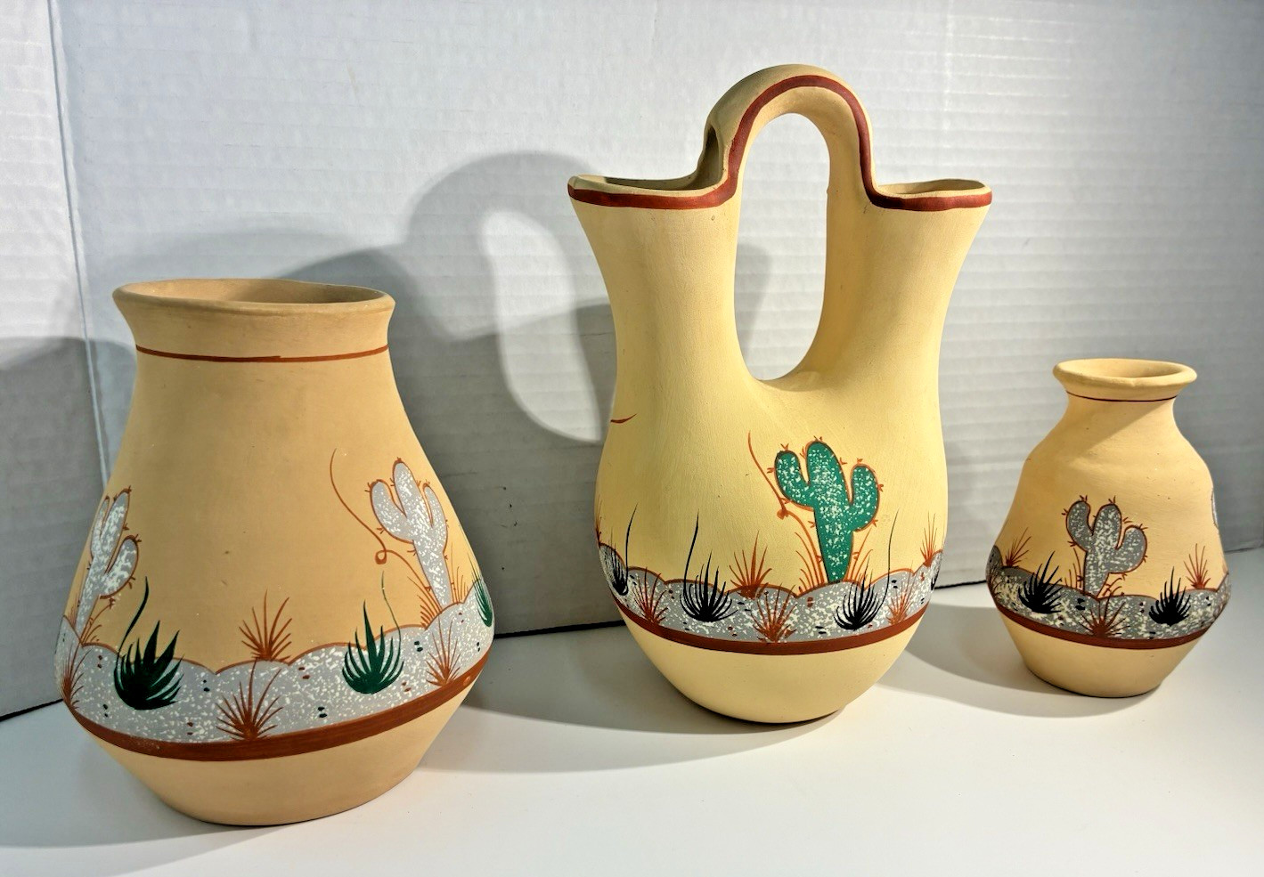 VTG 3 pc Mexican Folk Art Pottery Vases Hand Painted Desert Cactus Artist Signed