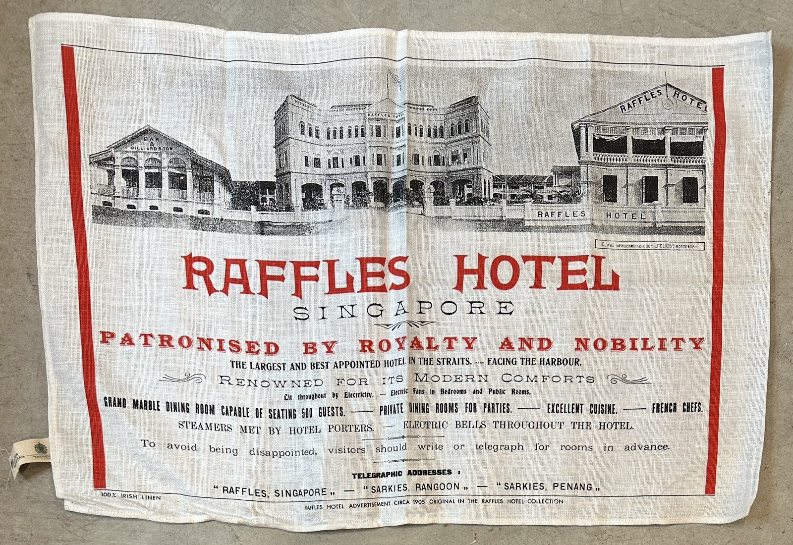 Vintage Raffles Hotel Singapore 100% Irish Linen Advertisement
