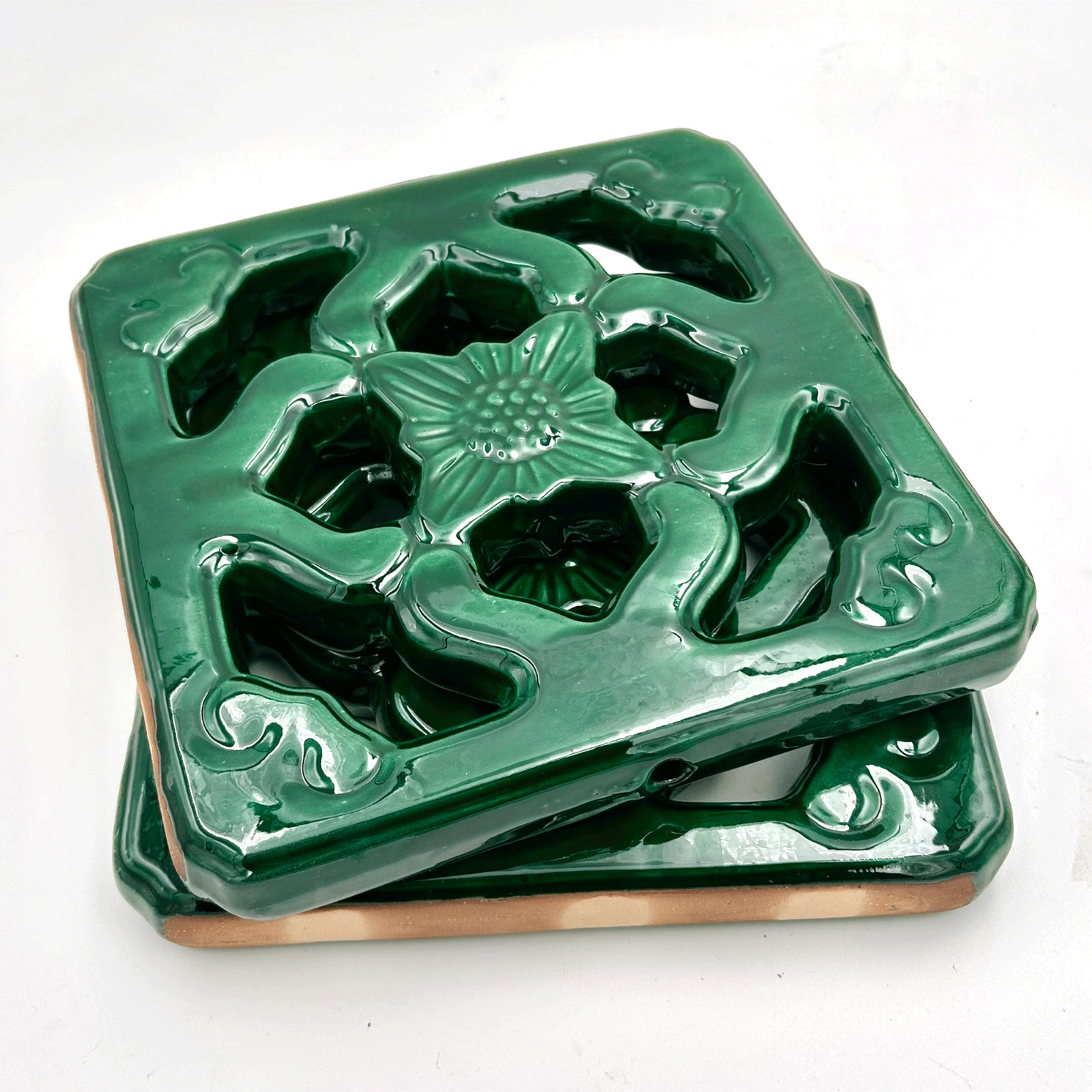 Chinese Jade Ceramic Breezeway Tiki Tile, Set of Two, Jade Color. Chinese Jade Ceramic Breezeway Tiki Tile, Set of Two, Jade Color.