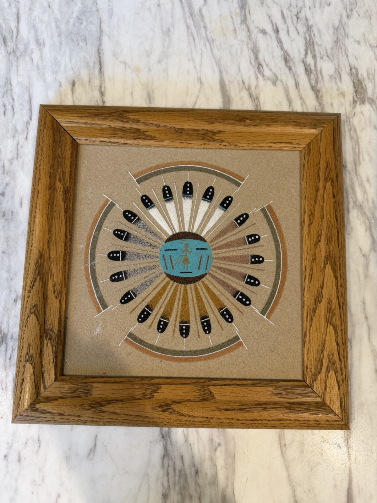 Vintage Navajo Diné Sun & Eagle Sand Painting Signed Framed Southwest Art 10.75”