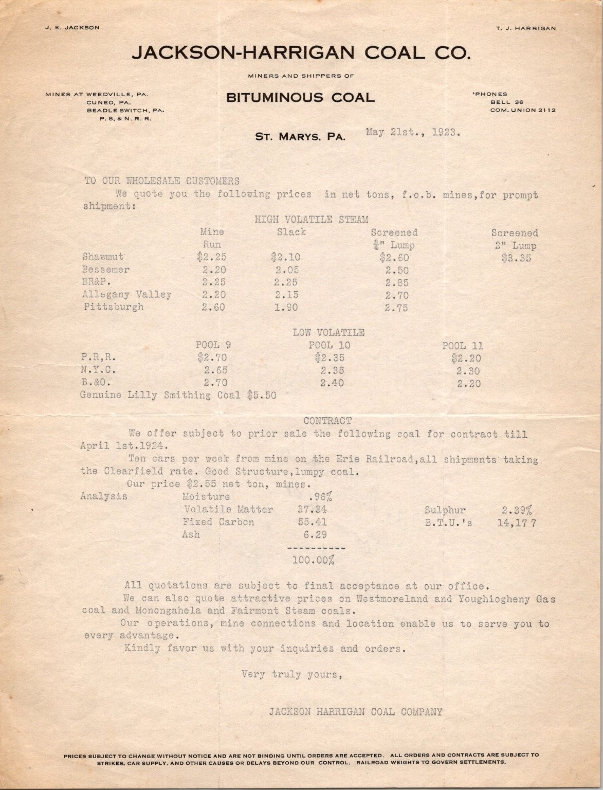 1923 Jackson-Harrigan Coal Co. Bituminous Coal Price List St Marys PA 1923 Jackson-Harrigan Coal Co. Bituminous Coal Price List St Marys PA