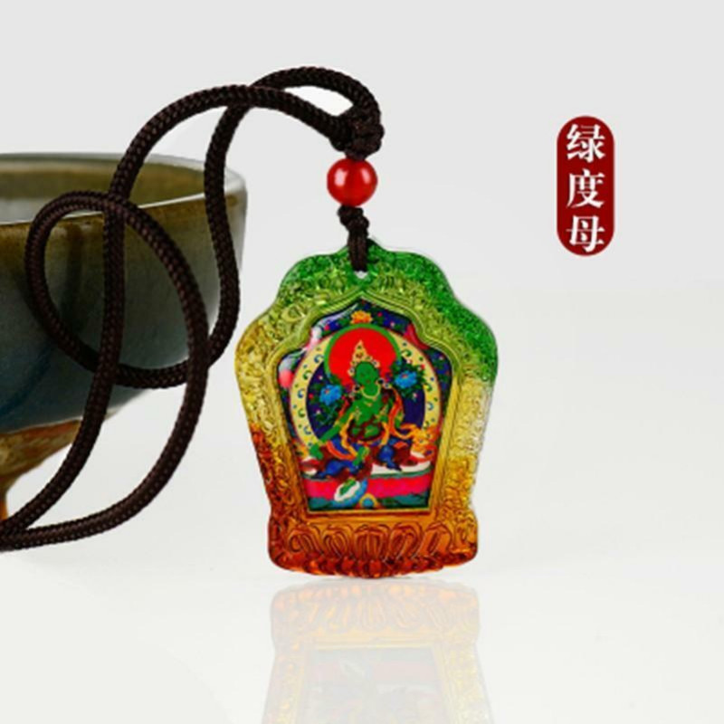 4.2cm Feng Shui Green Tara Pendant Sanskrit Tibetan Buddhist Amulet Necklace
